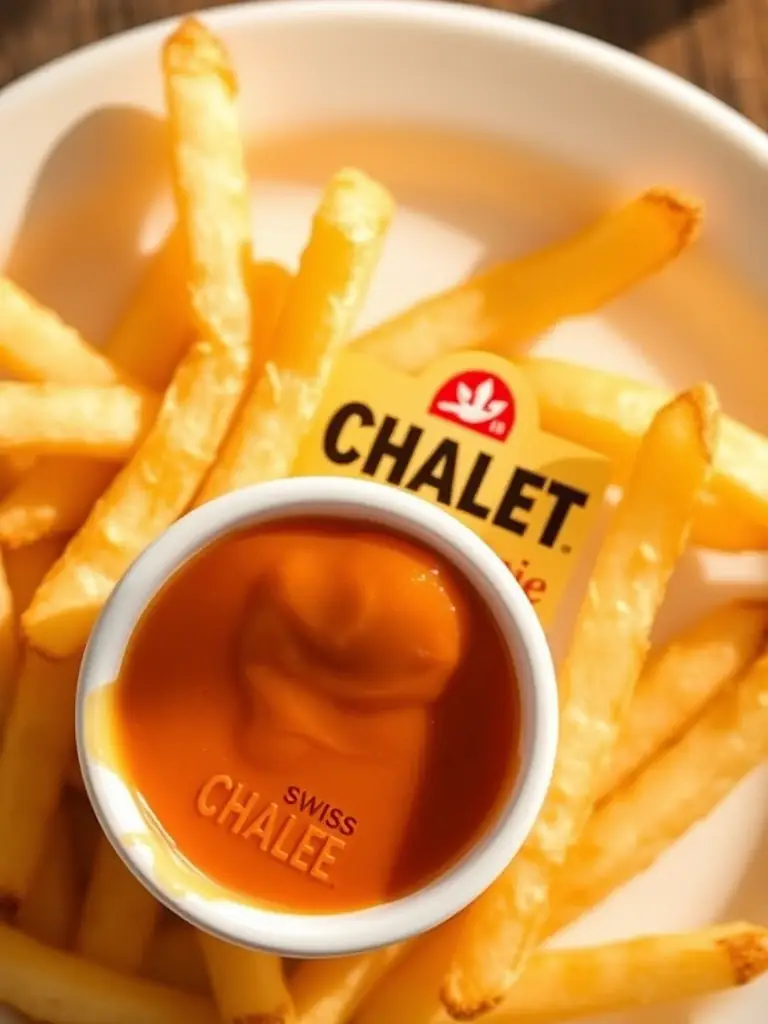 A portion of Swiss Chalet's famous Chalet dipping sauce in a small container, next to golden fries, photographed from above to showcase the dipping experience for the Swiss Chalet website.