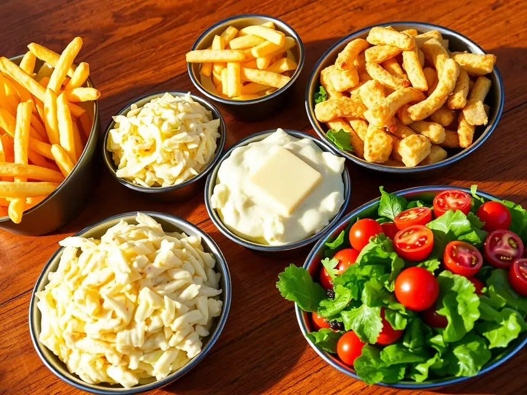 A vibrant image showcasing a variety of Swiss Chalet's side dishes, including fries, coleslaw, mashed potatoes, and garden salad. The sides should appear fresh and appealing.