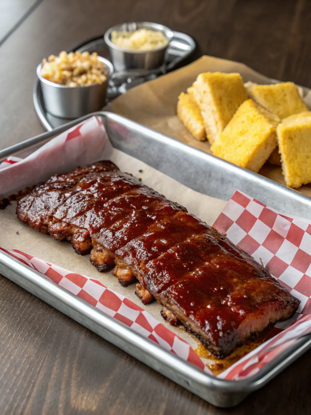 A mouthwatering image of a rack of Swiss Chalet ribs, glazed with a smoky BBQ sauce, presented on a wooden board with coleslaw and baked beans.