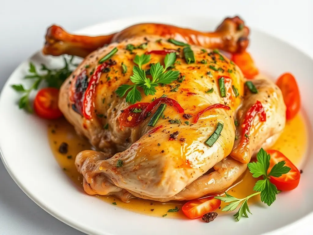A close-up shot of Swiss Chalet's signature quarter chicken dinner with chalet sauce, showcasing the juicy chicken and golden-brown skin. The image should be well-lit and appetizing.