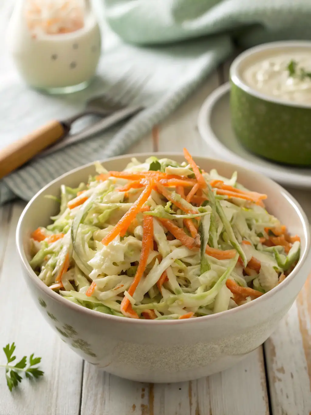 A creamy, classic coleslaw in a small bowl, with visible shreds of cabbage and carrots, presented in a bright, appetizing manner to showcase its freshness for the Swiss Chalet website.