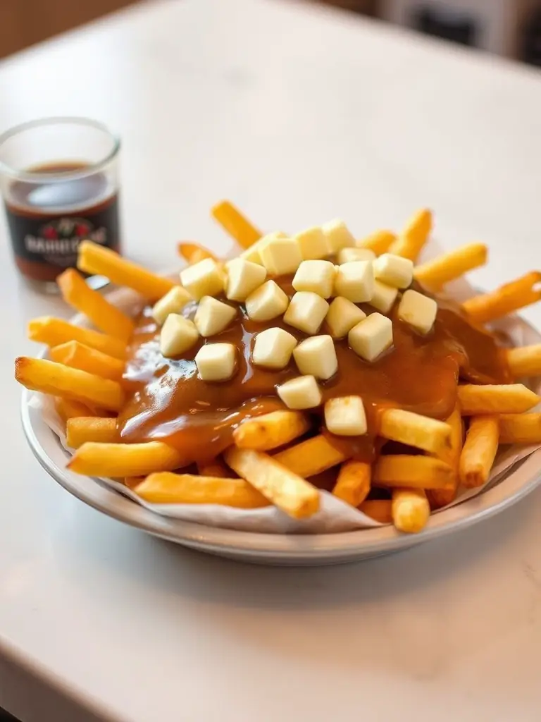 A vibrant photo of Swiss Chalet's poutine, featuring crispy fries, cheese curds, and rich gravy, served in a classic poutine container.