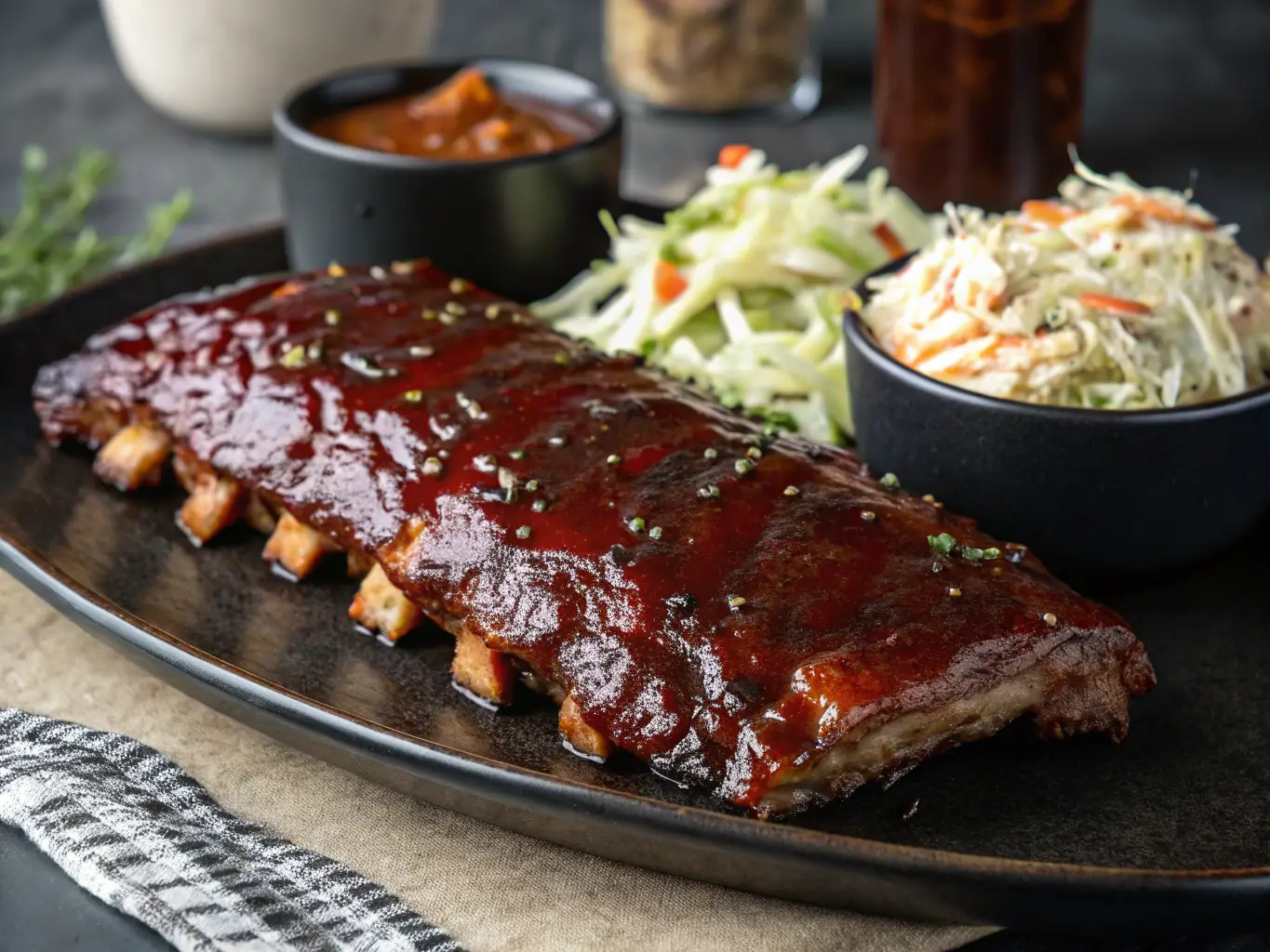 A mouthwatering image of Swiss Chalet's BBQ back ribs, glazed with a rich and smoky BBQ sauce. The ribs should appear tender and juicy, with visible grill marks.