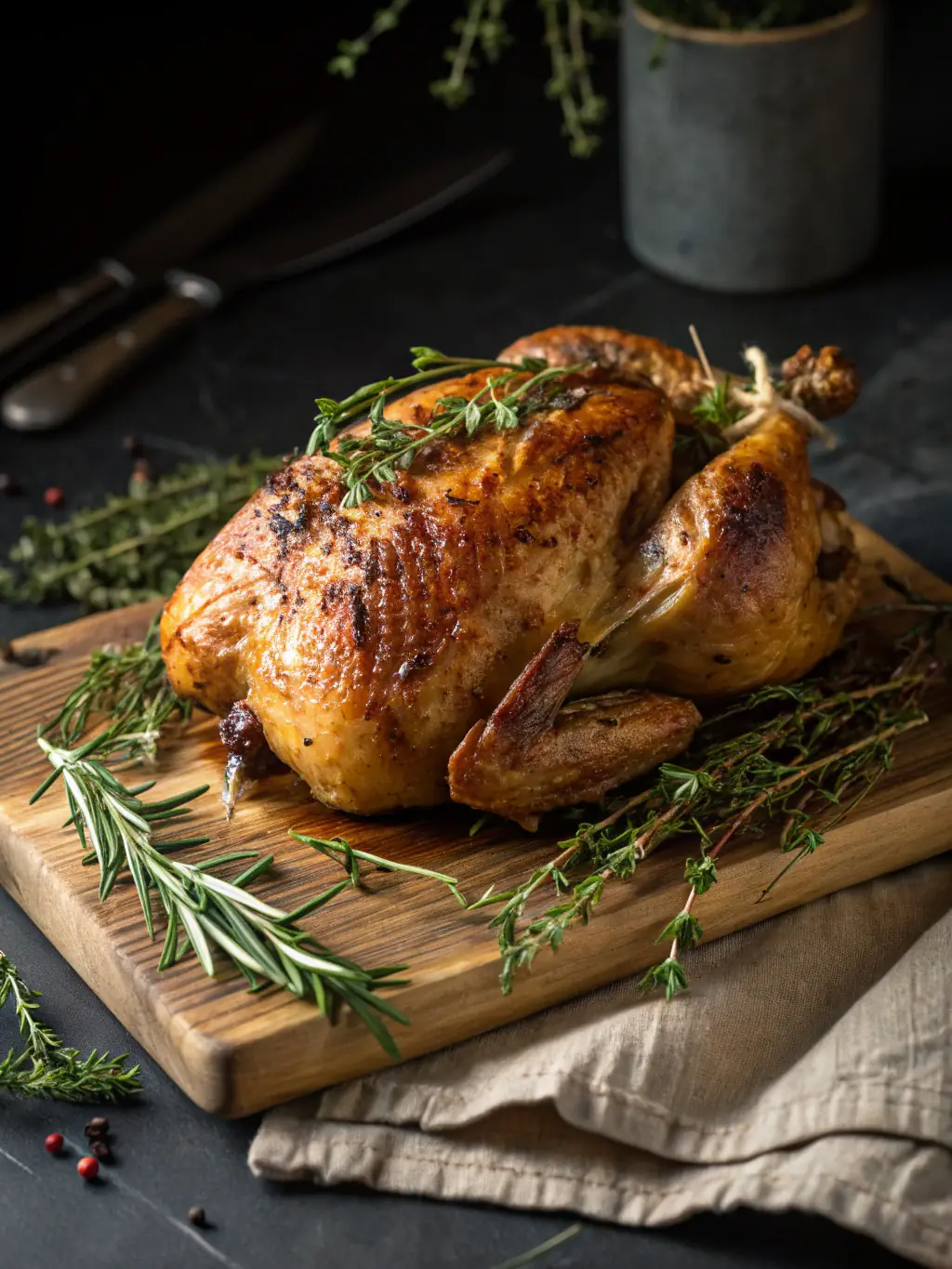 A whole rotisserie chicken, golden brown and perfectly cooked, presented on a platter with a side of Chalet dipping sauce, photographed in a warm, inviting light to emphasize its deliciousness for the Swiss Chalet website.